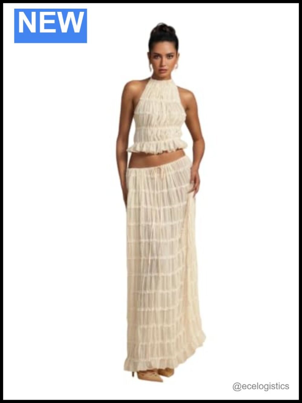 Women's 2 Piece Chiffon Halter Crop Top & Tulle Maxi Skirt Set